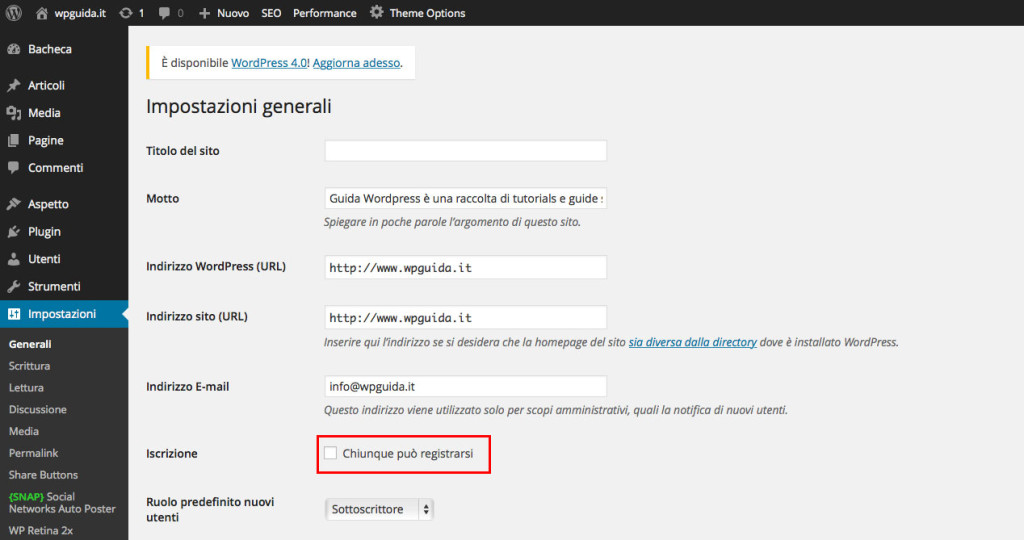 Gestione utenti wordpress - abilitare la registrazione degli utenti