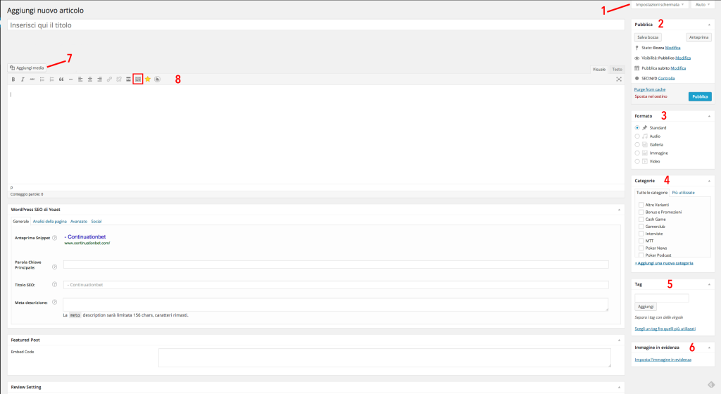 Scrivere un articolo su wordpress - schermata dell'editor